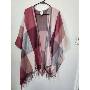 Plaid Cardigan Poncho One Size Fringe Purple Flowy Lagenlook Boho Woolrich